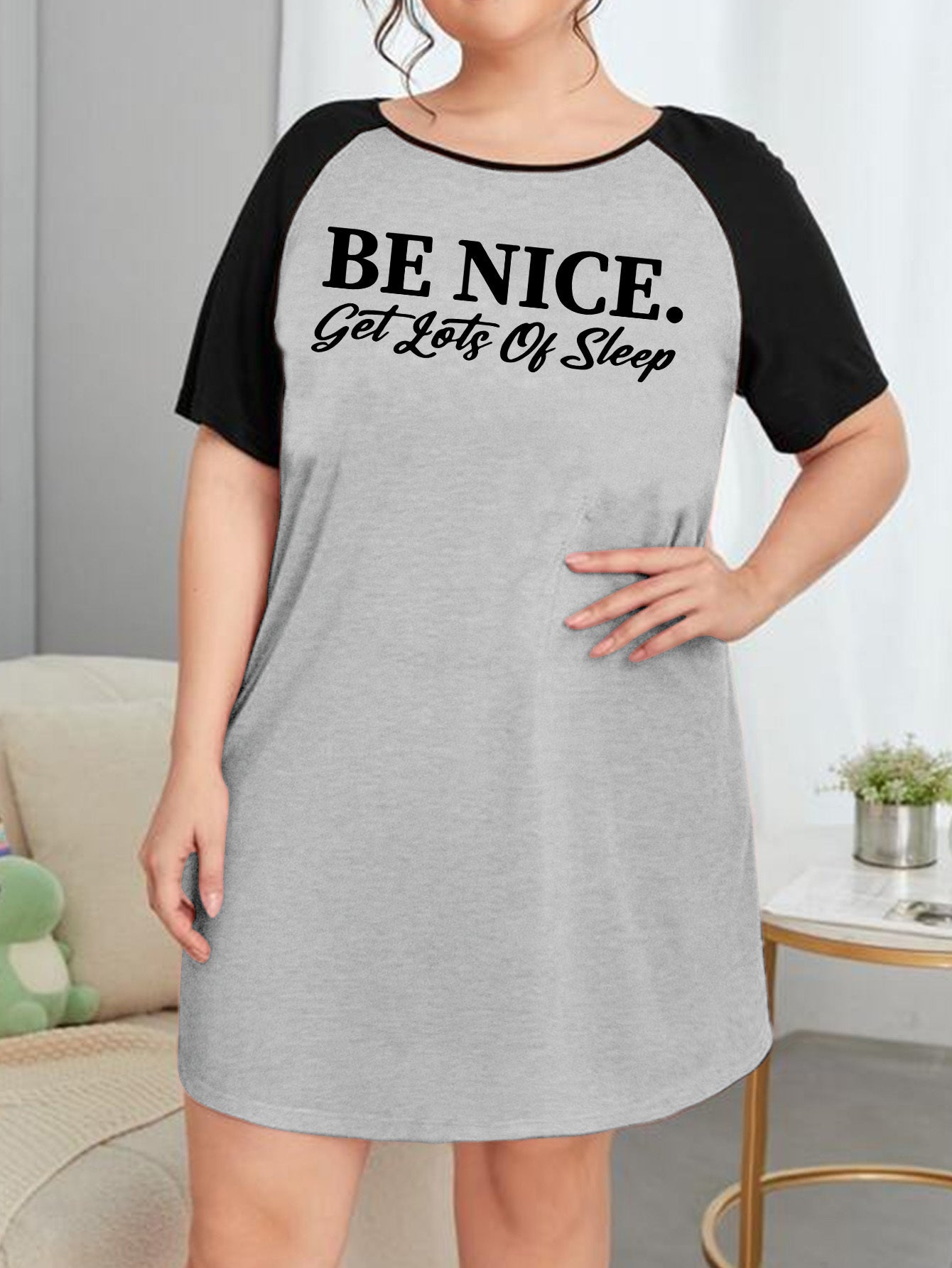 Nightdress Women's Plus Letter Graphic Raglan Short Sleeve