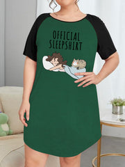 Nightdress Women's Plus Cartoon Figure & Cat Graphic Raglan Short Sle