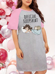 Nightdress Women's Plus Cartoon Figure & Cat Graphic Raglan Short Sle