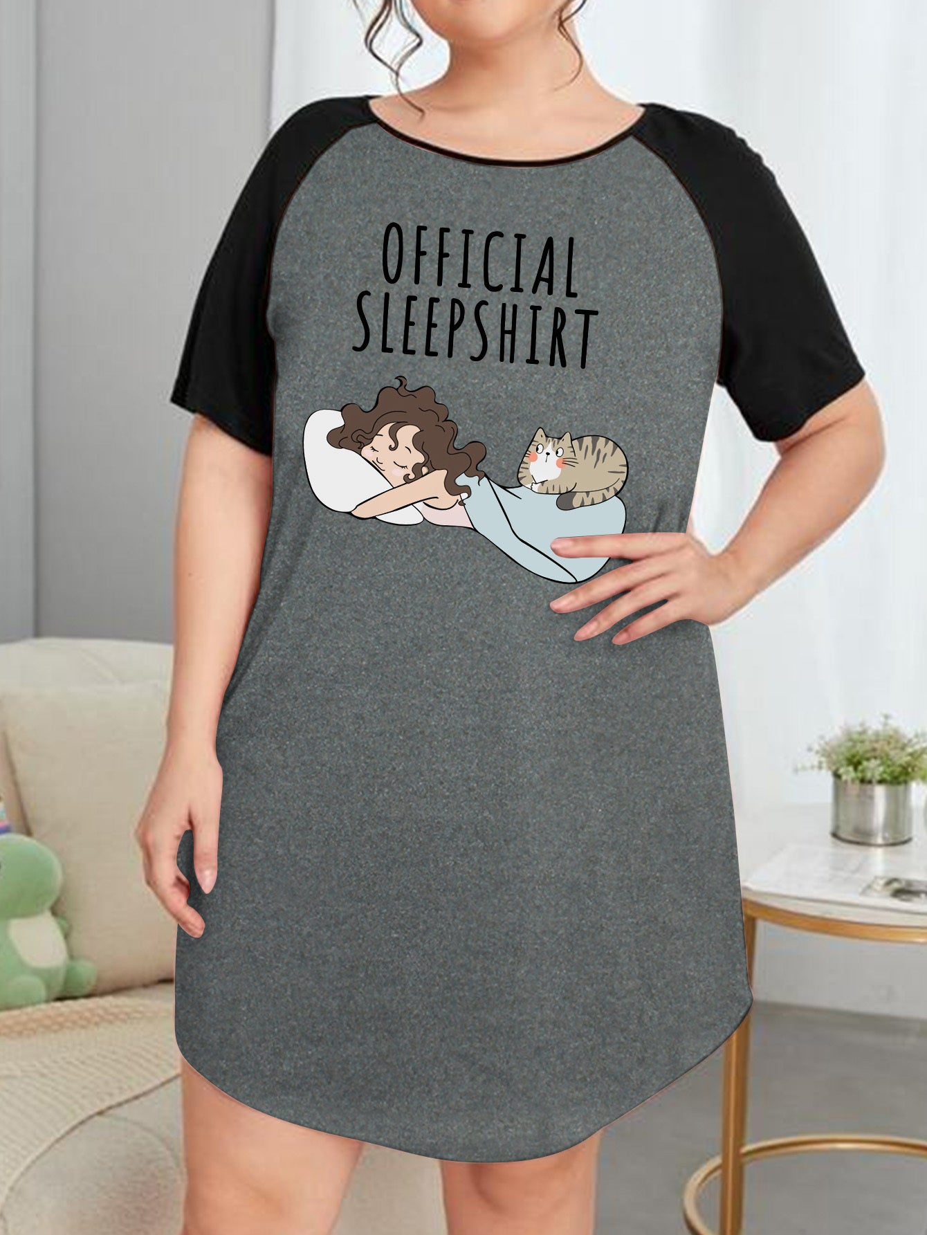 Nightdress Women's Plus Cartoon Figure & Cat Graphic Raglan Short Sle