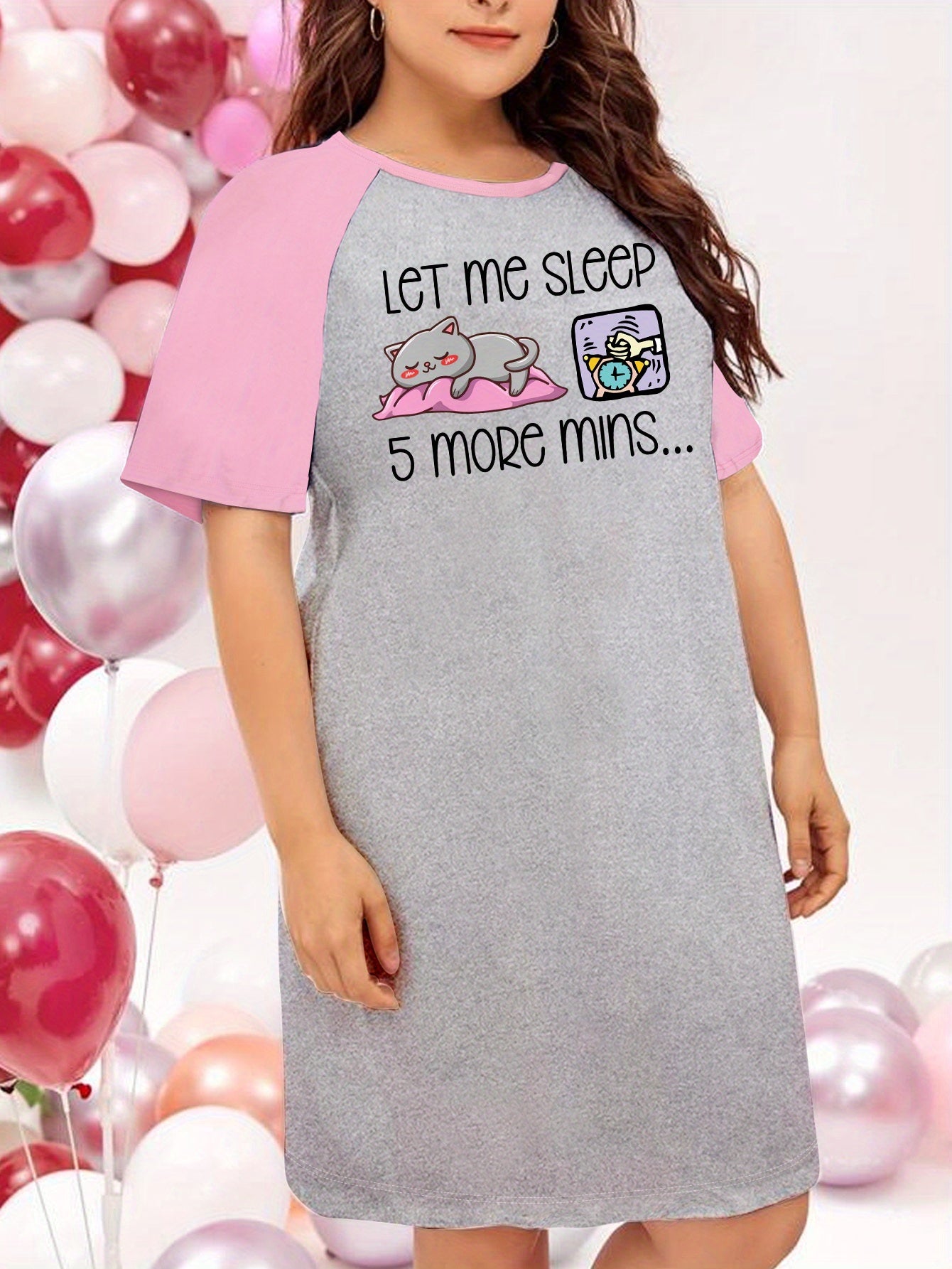 Nightdress Women's Plus Cat & Letter Graphic Raglan Short Sleeve