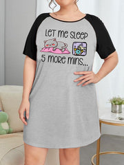Nightdress Women's Plus Cat & Letter Graphic Raglan Short Sleeve