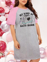 Nightdress Women's Plus Appliances & Letter Graphic Raglan Short Sleev