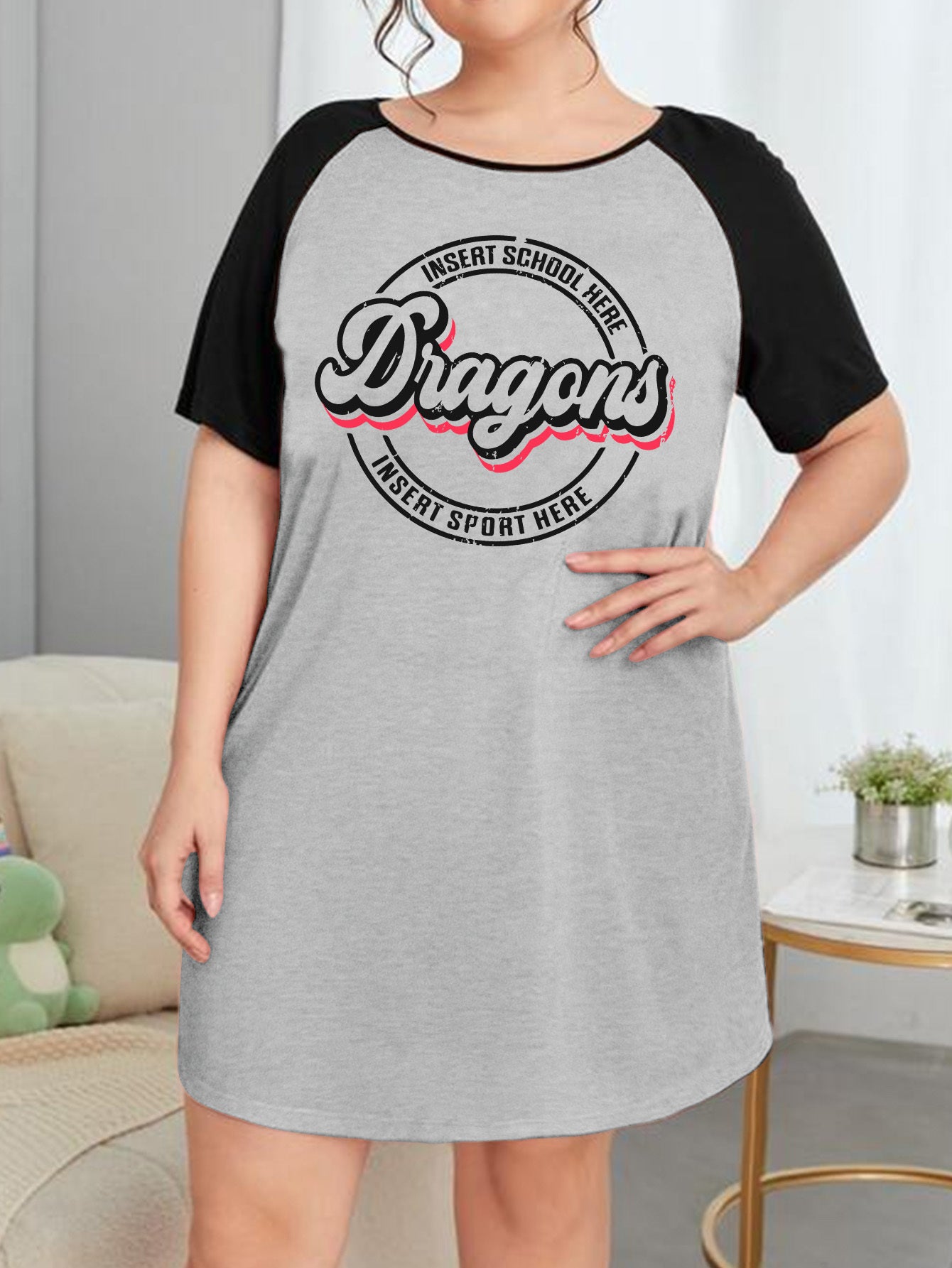 Plus Size Art Letter Graphic Raglan Sleep Dress
