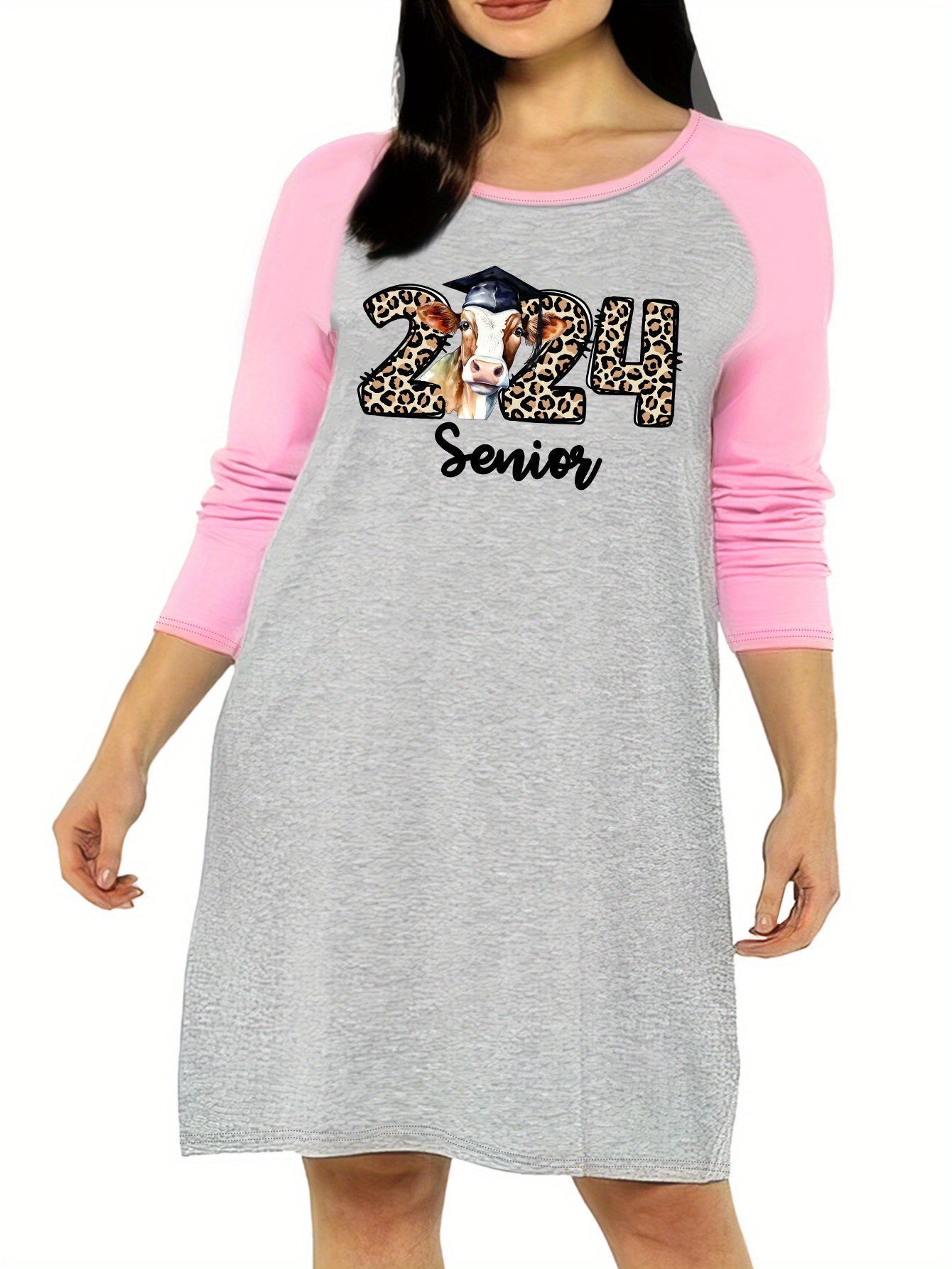 Nightdress Cow & Leopard Print Raglan Sleeve Sleep Dress