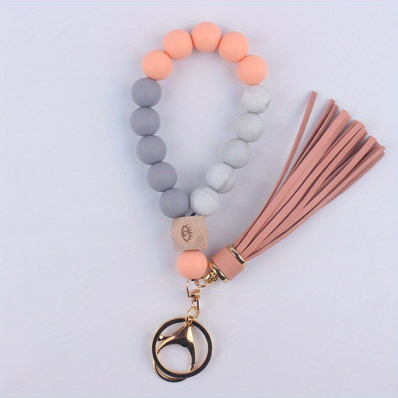 Silicone Beaded Keychain Bracelet For Women with Tassel Purse Bag Charm