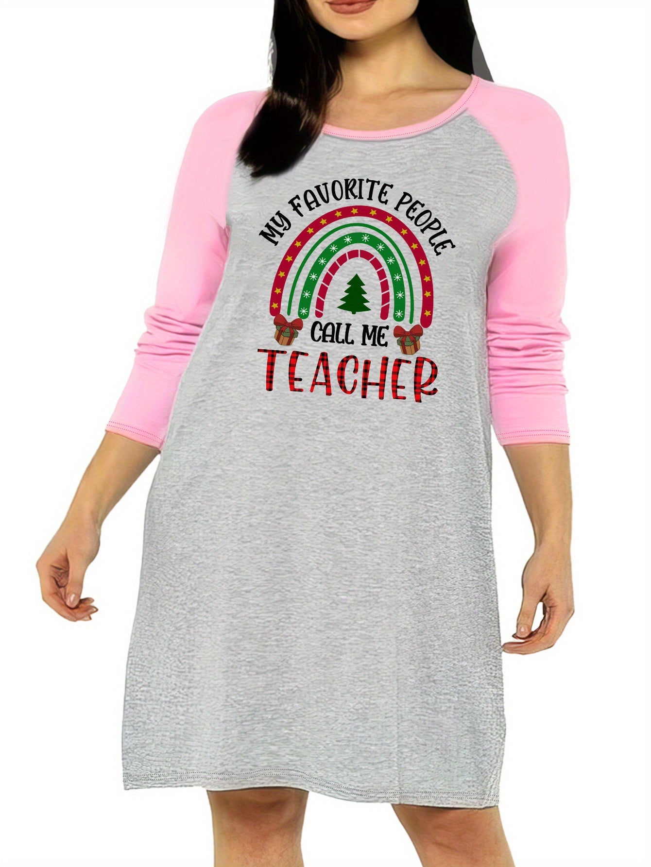 Casual Nightdress Women's Plus Rainbow & Letter Print Raglan Sleeve