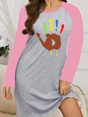 Plus Size Thanksgiving Nightdress Turkey & Palm Print Raglan Sleeve Sleep Dress