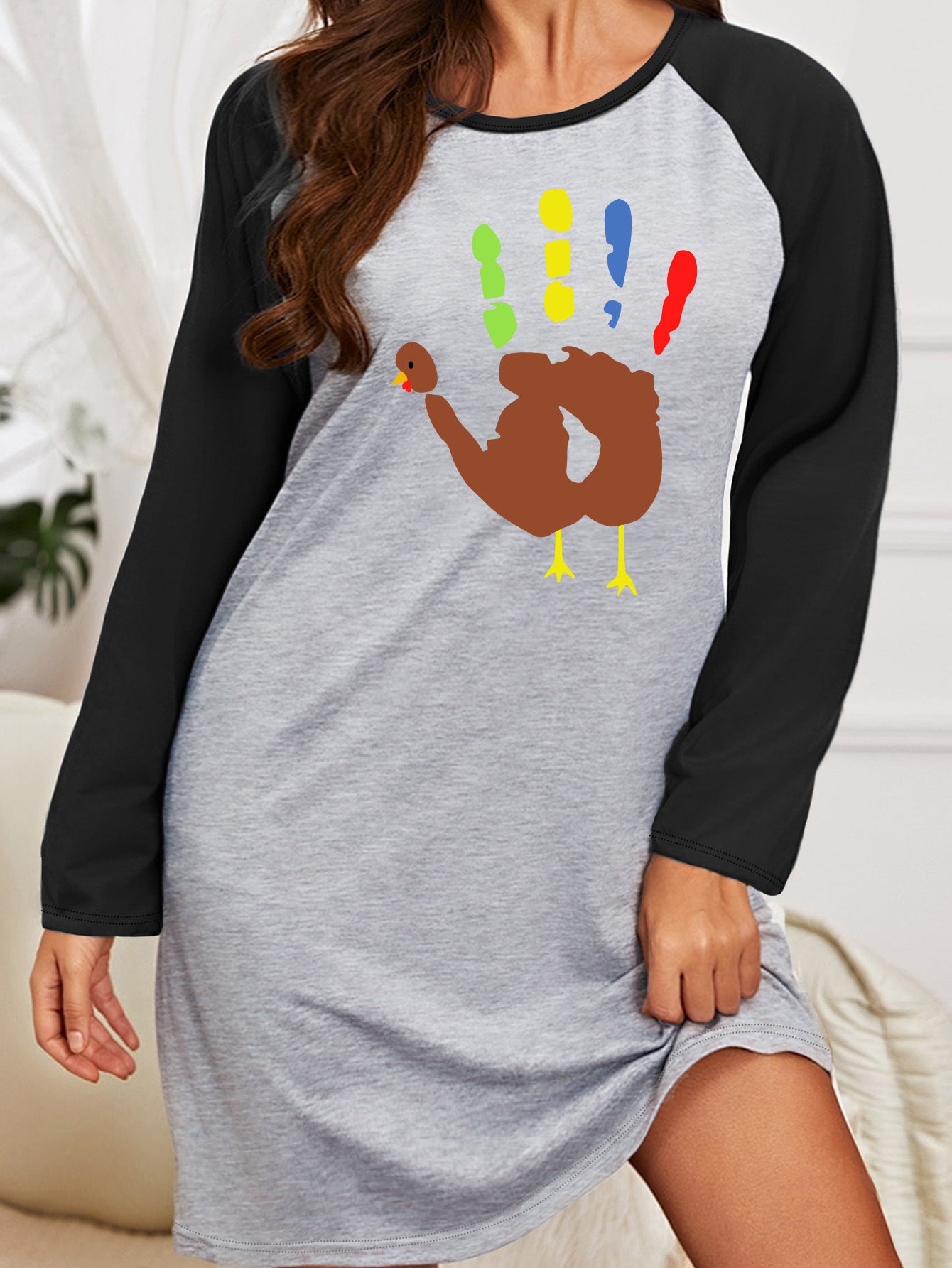 Plus Size Thanksgiving Nightdress Turkey & Palm Print Raglan Sleeve Sleep Dress