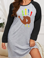 Plus Size Thanksgiving Nightdress Turkey & Palm Print Raglan Sleeve Sleep Dress