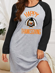 Turkey & Letter Print Raglan Sleeve Round Neck Stretch Sleep Dress