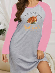 Nightdress Turkey & Letter Print Raglan Sleeve Round Neck Medium Stret