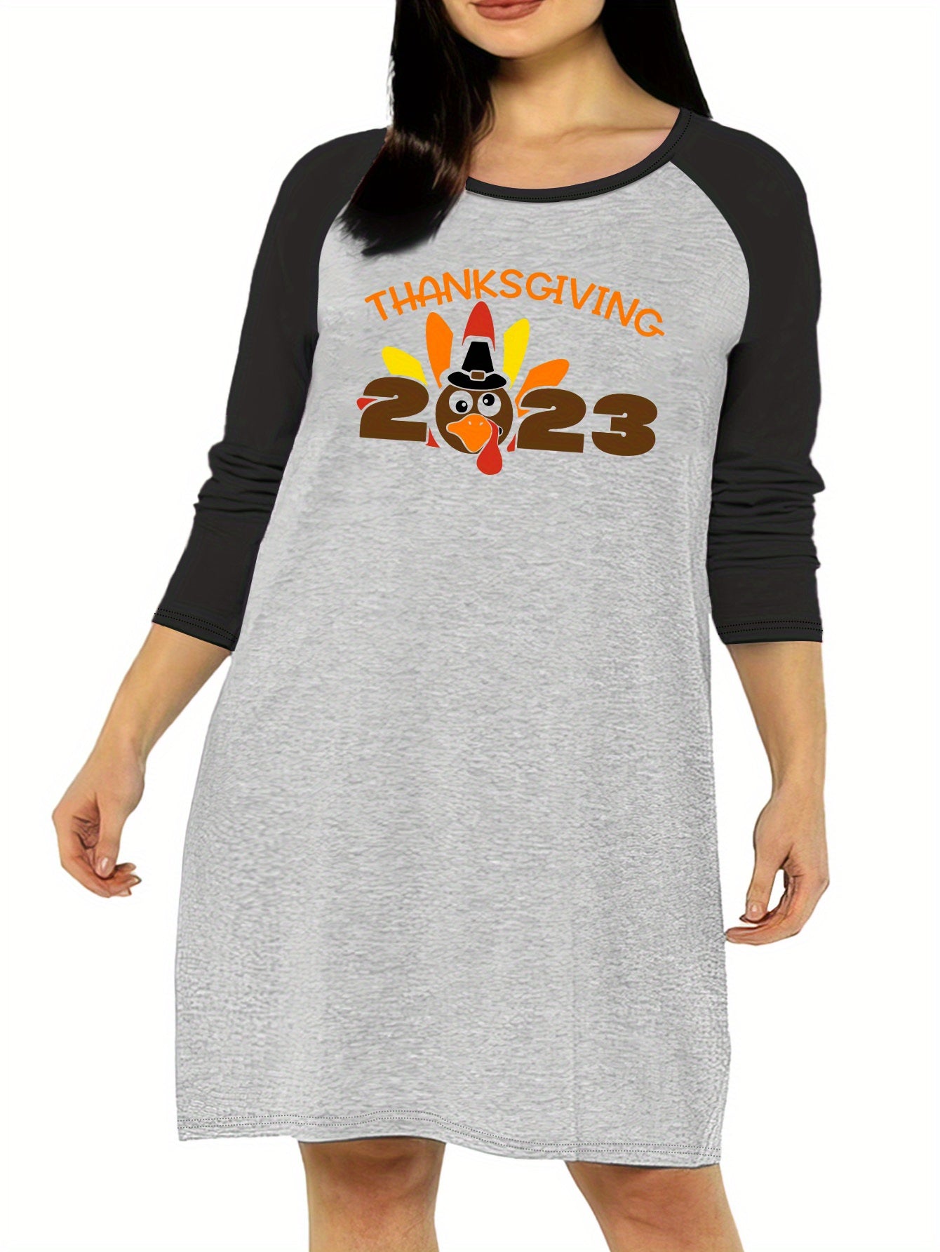 Casual Nightdress Women's Plus Turkey & Letter Print Raglan Sleeve