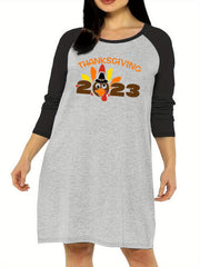 Casual Nightdress Women's Plus Turkey & Letter Print Raglan Sleeve