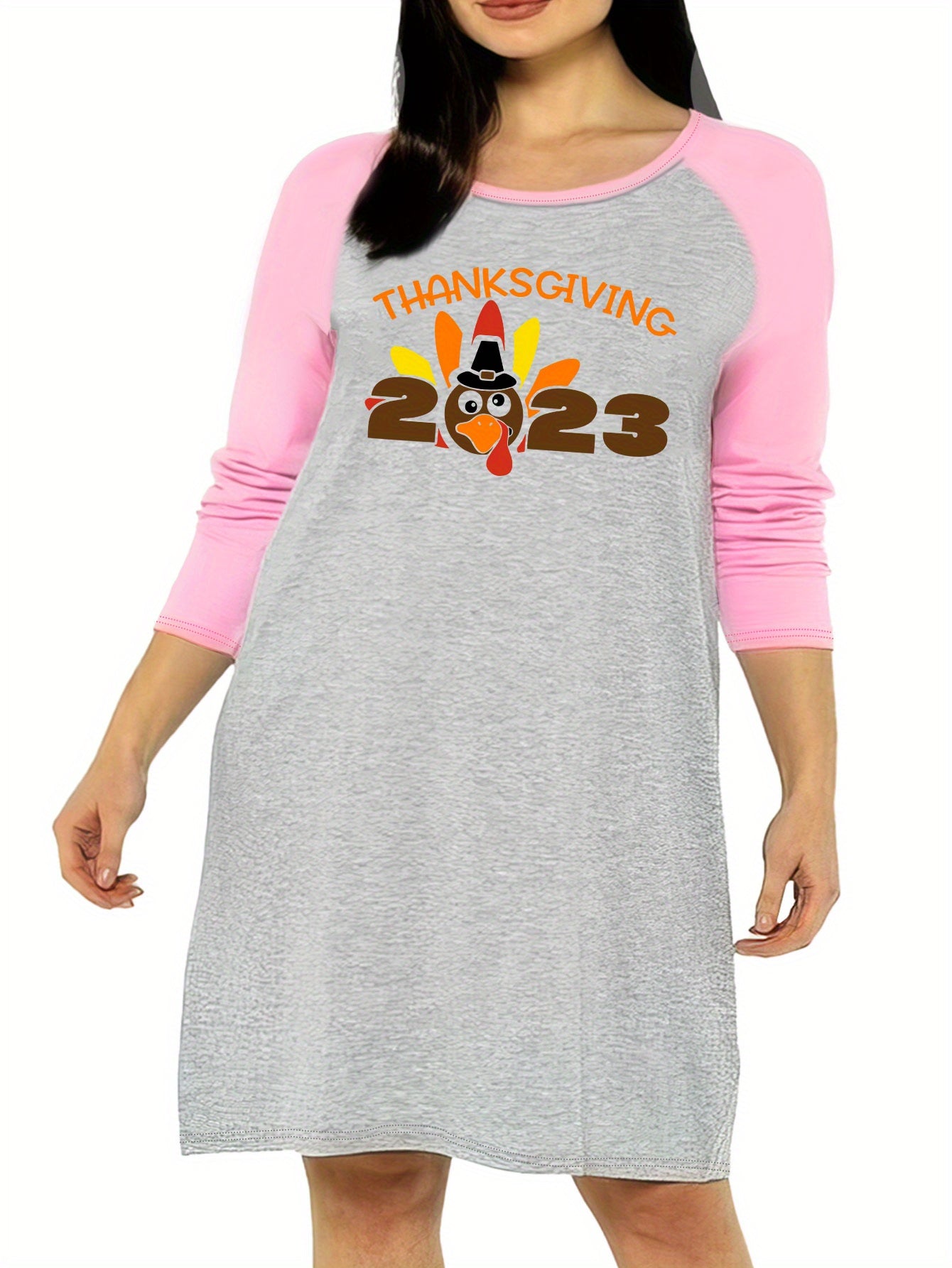 Casual Nightdress Women's Plus Turkey & Letter Print Raglan Sleeve