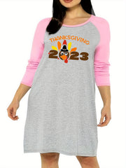 Casual Nightdress Women's Plus Turkey & Letter Print Raglan Sleeve