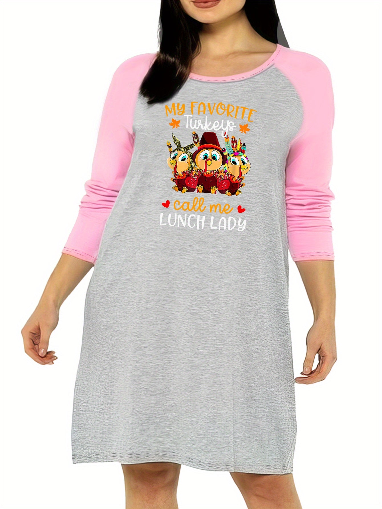 Nightdress Women's Plus Funny Turkey Print Raglan Sleeve Sleep Dress
