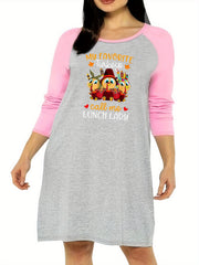 Nightdress Women's Plus Funny Turkey Print Raglan Sleeve Sleep Dress