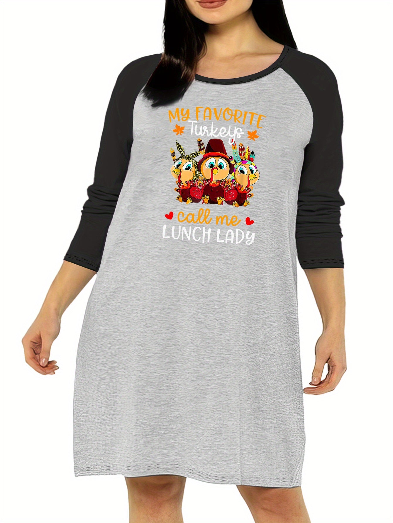 Nightdress Women's Plus Funny Turkey Print Raglan Sleeve Sleep Dress