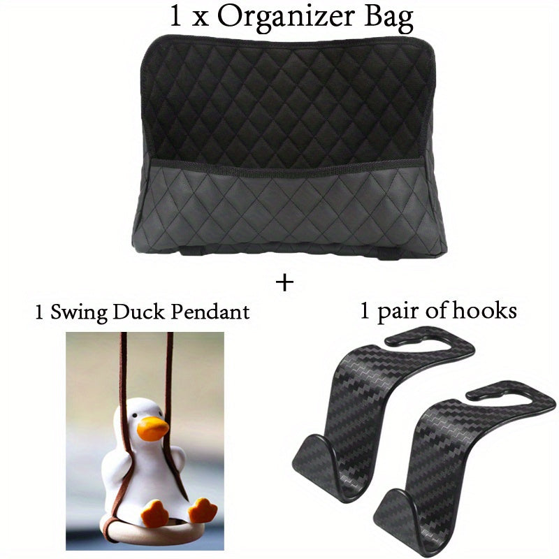 Car Storage Set: Hanging Bag, Seat Back Hooks, Duck Pendant