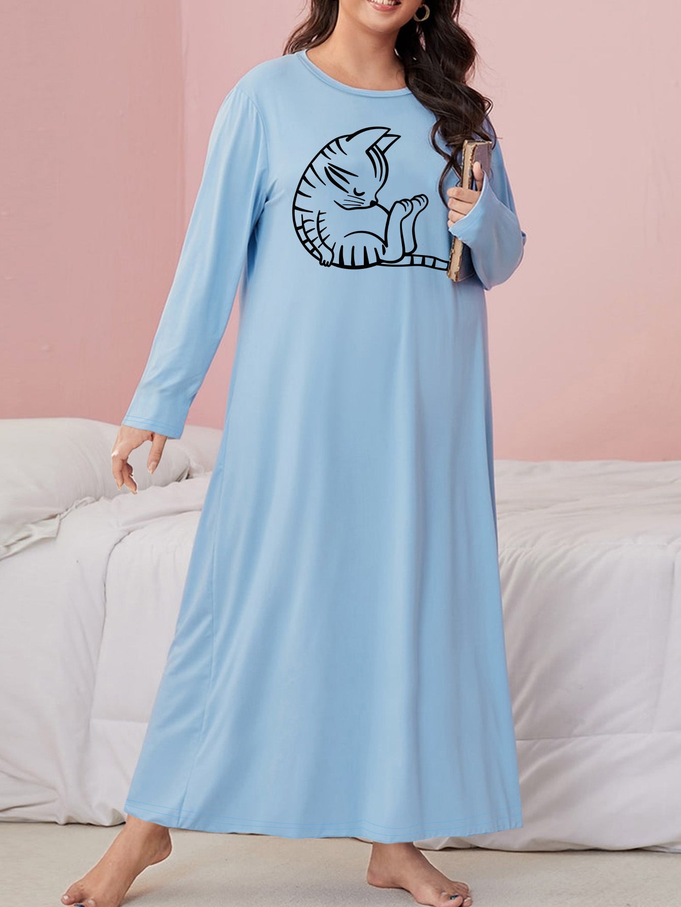 Cat Print Long Sleeve Round Neck Sleep Dress