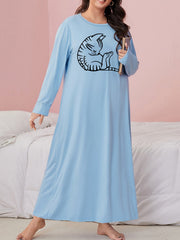 Cat Print Long Sleeve Round Neck Sleep Dress