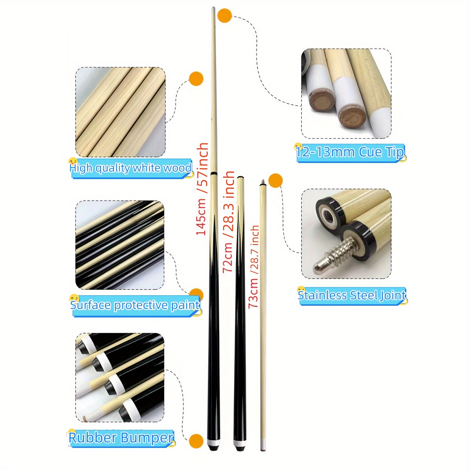 4pcs Hardwood Billiards Cue Stick with Stainless Steel Joint