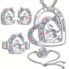 Unicorn Jewelry Set Heart Pendant Necklace Earrings Ring Bracelet