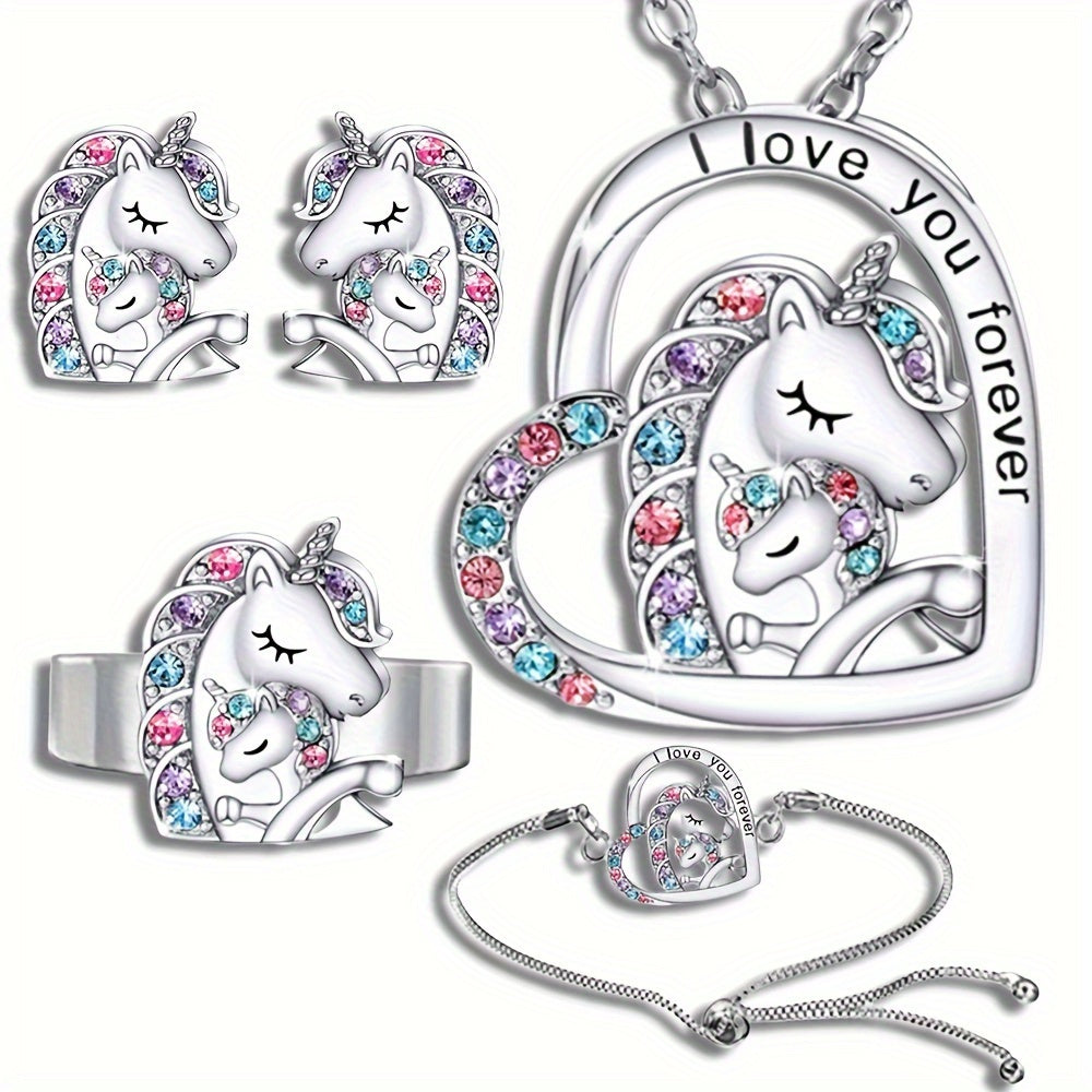 Unicorn Jewelry Set Heart Pendant Necklace Earrings Ring Bracelet