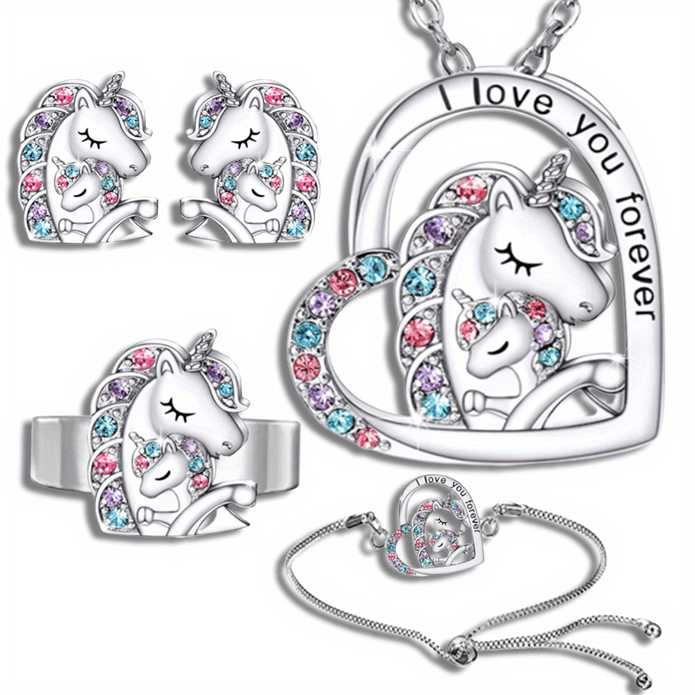Unicorn Jewelry Set Heart Pendant Necklace Earrings Ring Bracelet
