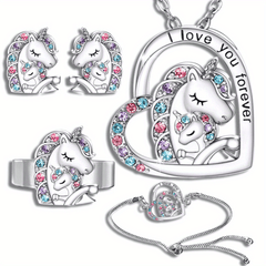 Unicorn Jewelry Set Heart Pendant Necklace Earrings Ring Bracelet