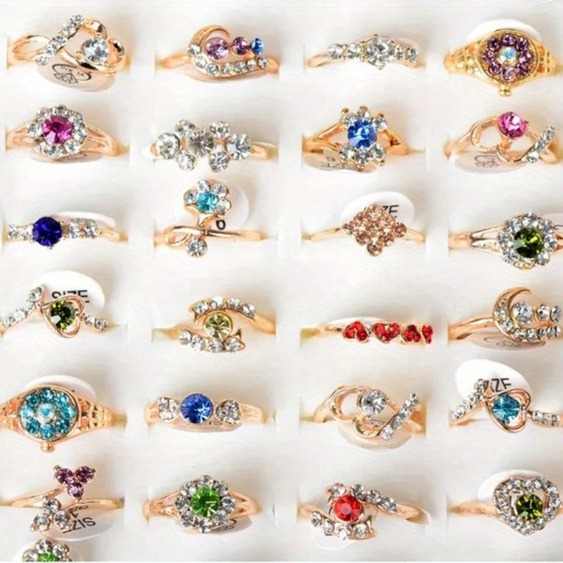 10pcs Mixed Colors Crystal Rhinestone Golden Rings For Women