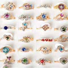 10pcs Mixed Colors Crystal Rhinestone Golden Rings For Women