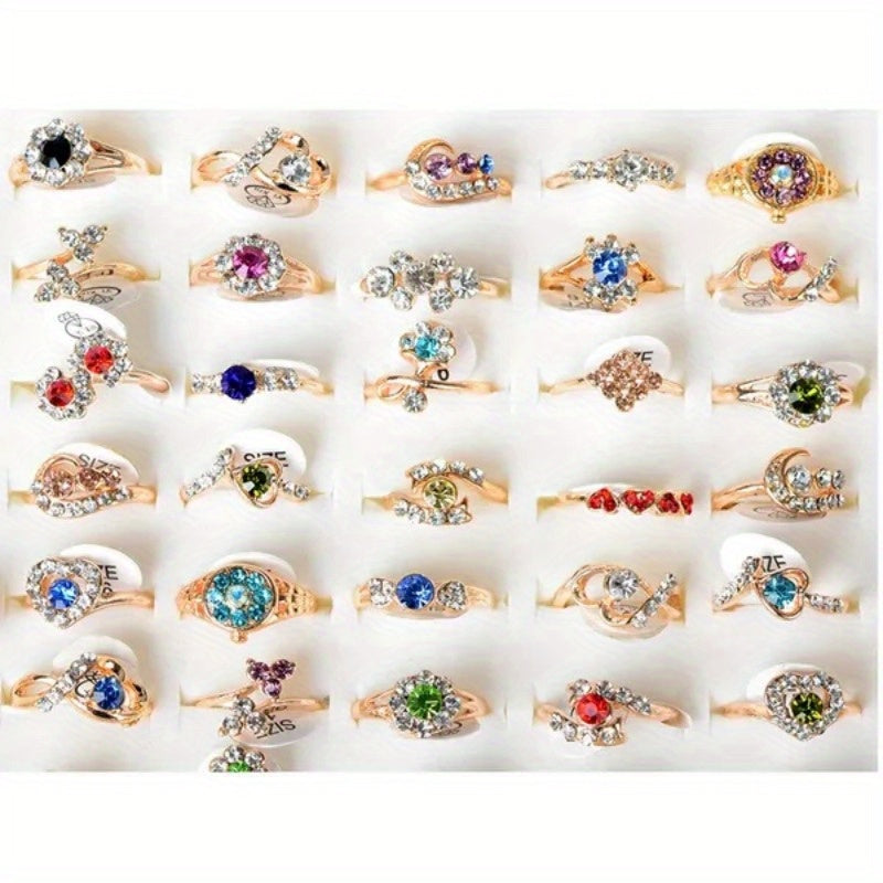 10pcs Mixed Colors Crystal Rhinestone Golden Rings For Women