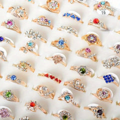10pcs Mixed Colors Crystal Rhinestone Golden Rings For Women