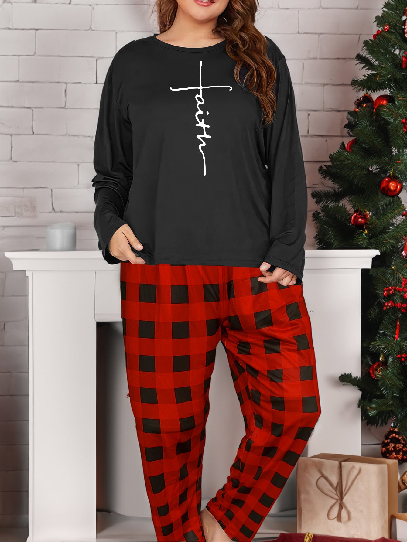 Cross Graphic Tee & Plaid Pants Pajamas Set