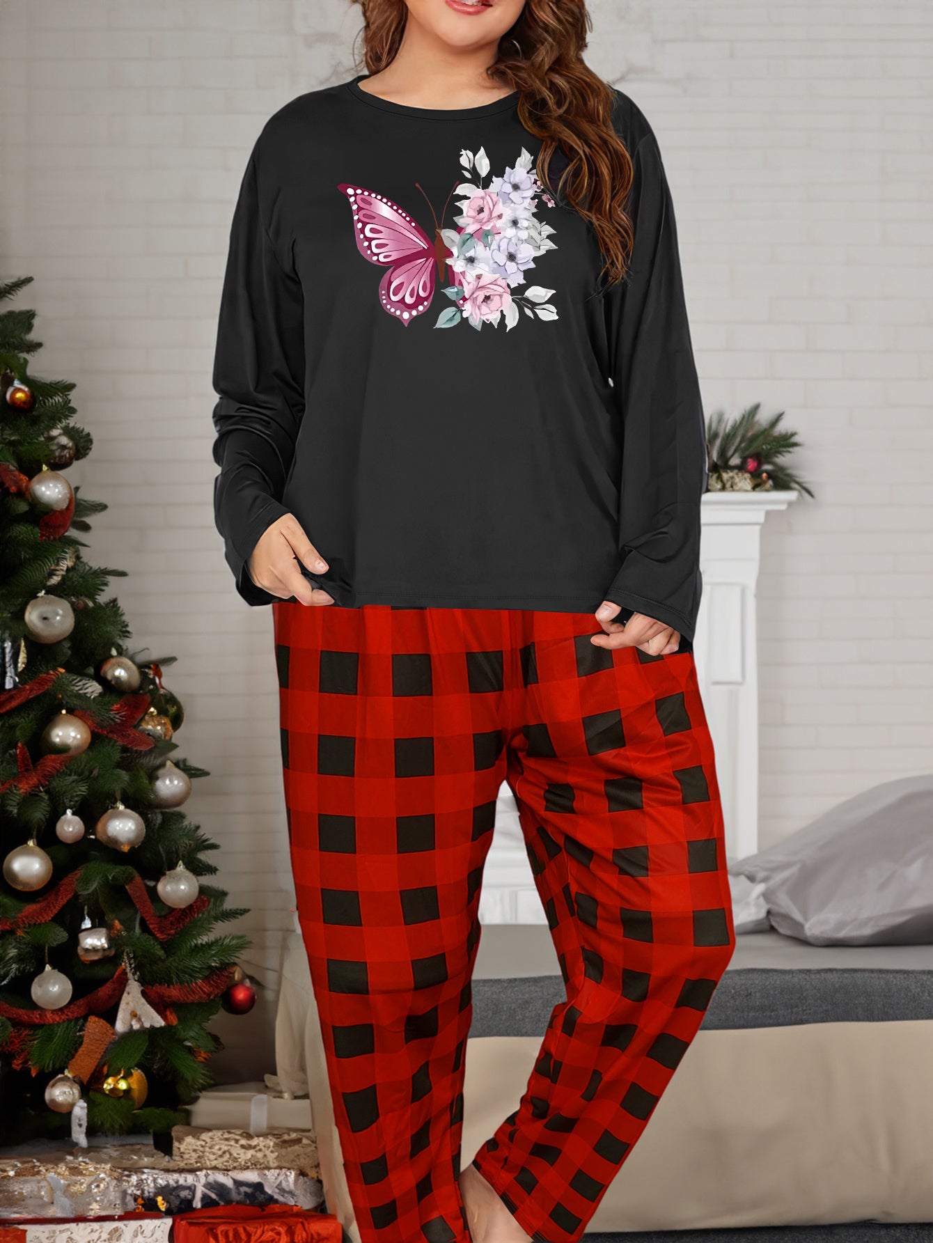 Butterfly Print Tee & Plaid Pants Pajamas Set