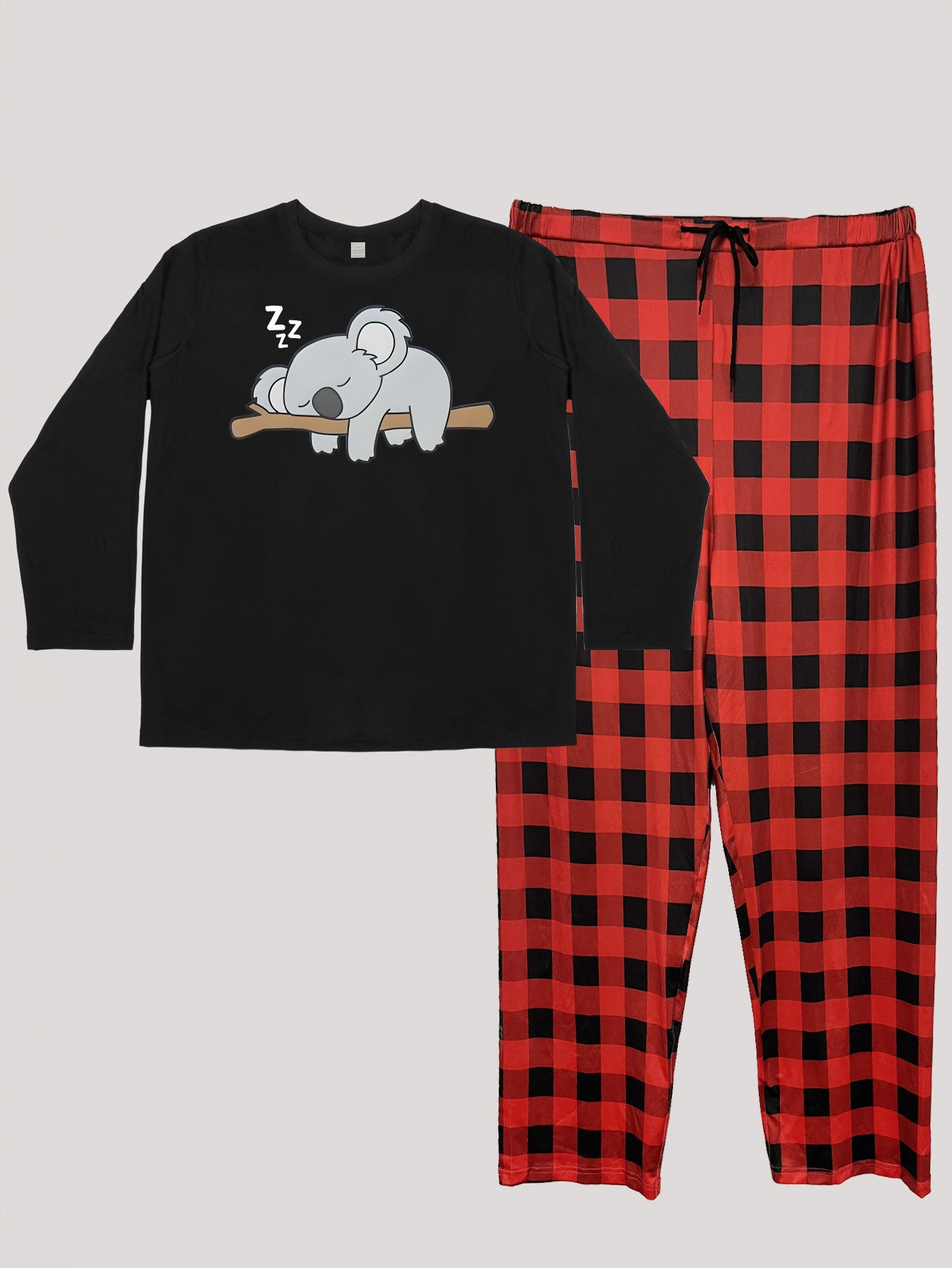 Koala Print Long Sleeve Tee & Plaid Pants Pajamas Set