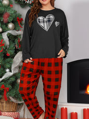 Plus Size Heart Print Lounge Set Women's Plus Plaid Pajamas 2 Piece Set