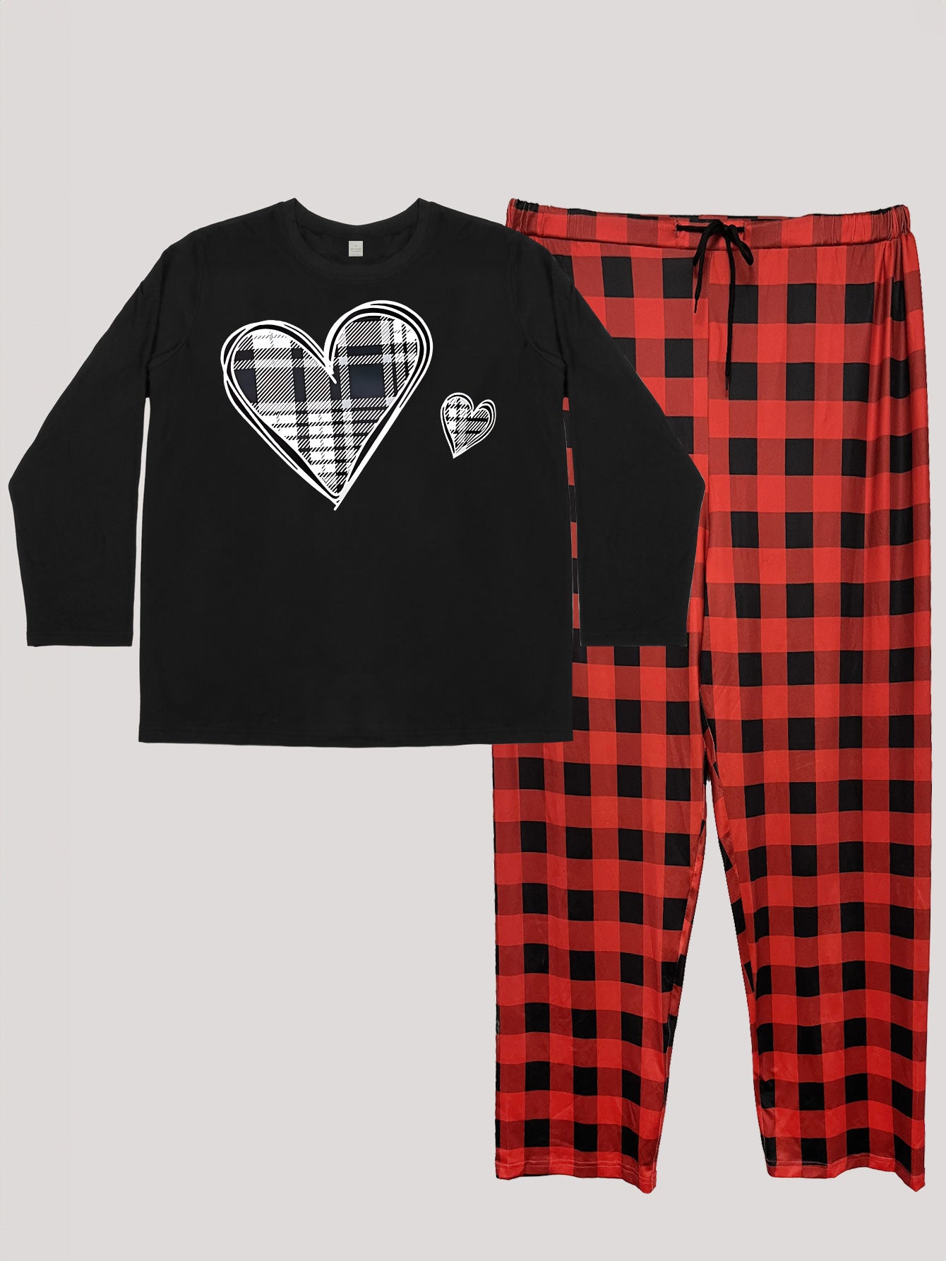 Plus Size Heart Print Lounge Set Women's Plus Plaid Pajamas 2 Piece Set