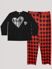 Plus Size Heart Print Lounge Set Women's Plus Plaid Pajamas 2 Piece Set