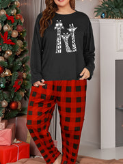 Giraffe Print Long Sleeve Tee & Plaid Pants Pajama Set