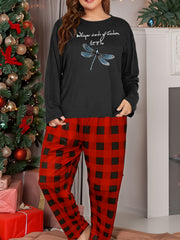 Women's Plus Dragonfly & Slogan Graphic Tee & Plaid Pants Pajama Set