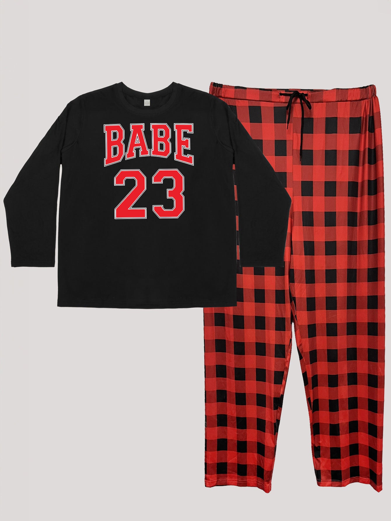 Red Letter Print Tee & Plaid Pants Pajamas Set