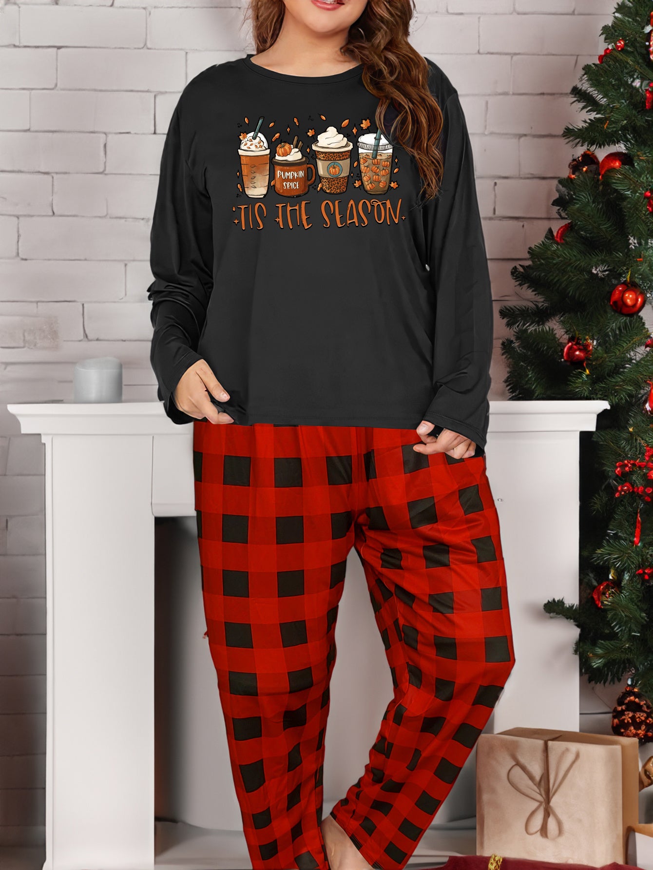 Maple Leaf & Drinks Long Sleeve Tee & Plaid Pants Pajamas Set