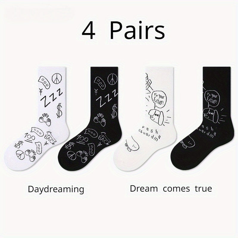 4 Pairs Graffiti Crew Socks for Outdoor Sports