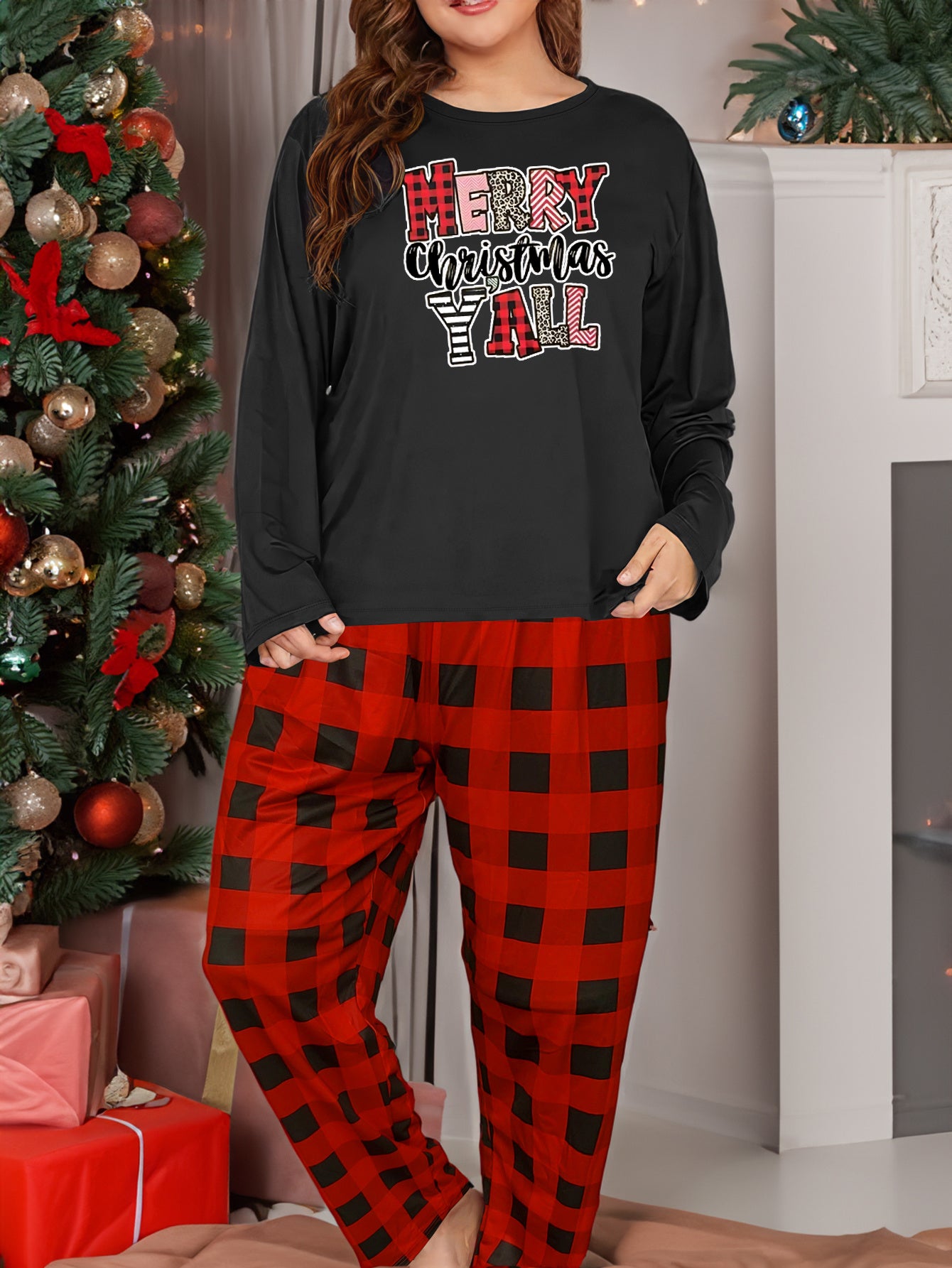 Christmas Lounge Set Leopard Slogan Print Tee & Plaid Pants Pajamas