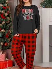 Christmas Lounge Set Leopard Slogan Print Tee & Plaid Pants Pajamas