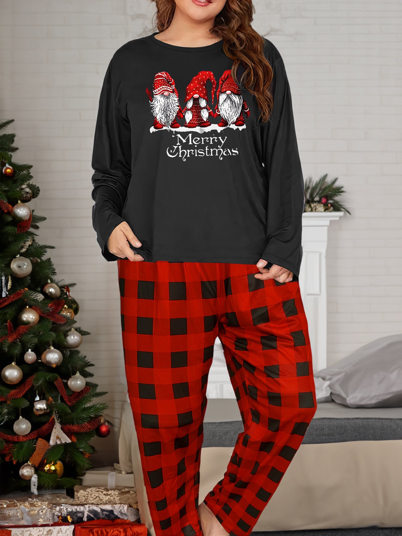 Christmas Lounge Set Gnomes & Slogan Print Tee & Plaid Pants Pajamas
