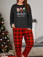 Plus Size String Lights Long Sleeve Tee & Plaid Pants Pajamas Set